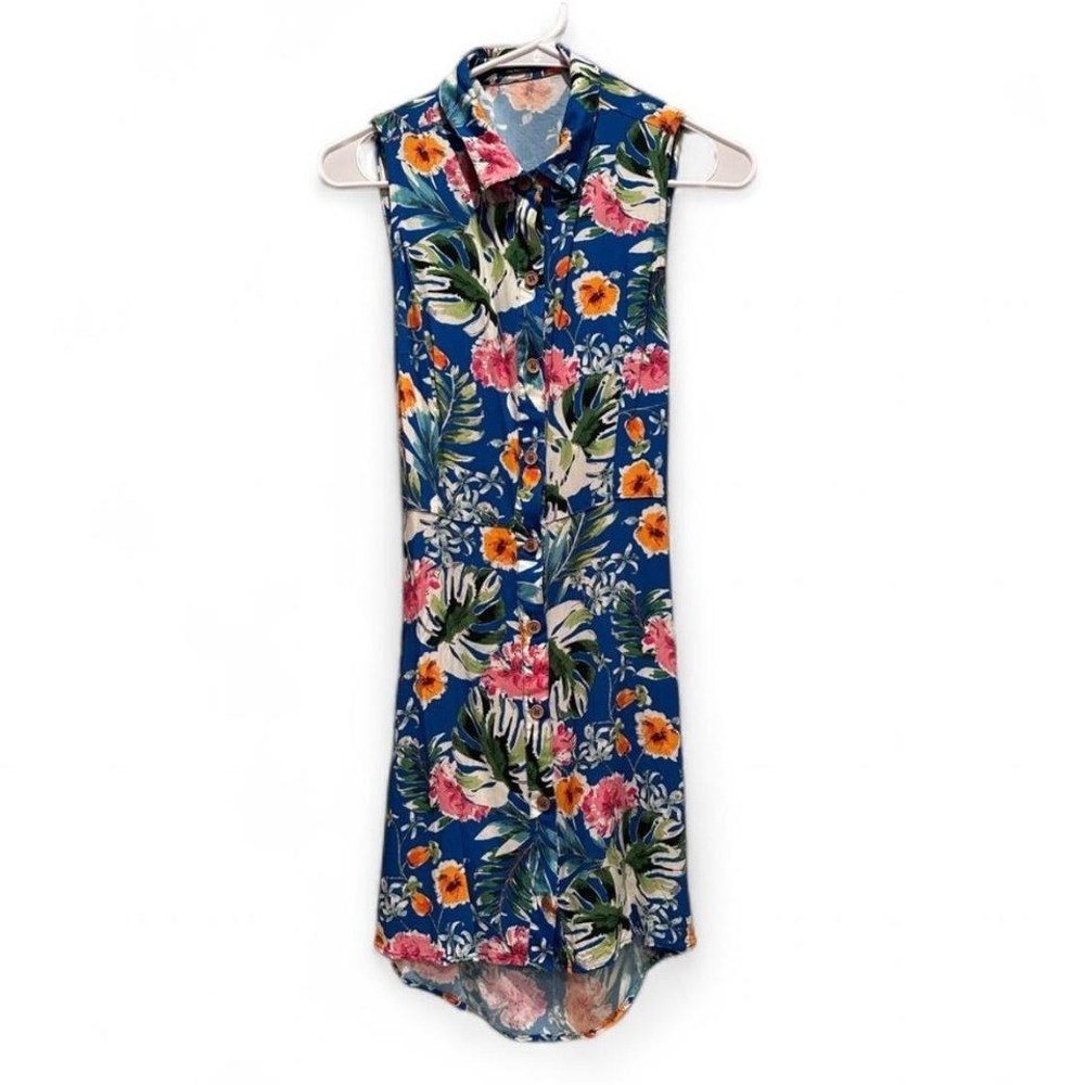 Bershka Blue Colorful Floral Mini Collared Button Down‎ Dress Sz Small